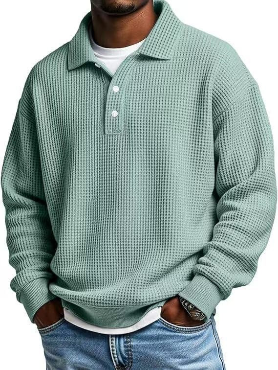 Férfi waffle mintázatú polo, gallér, slim fit, egyszínű, hosszú ujjú, ősz 2025