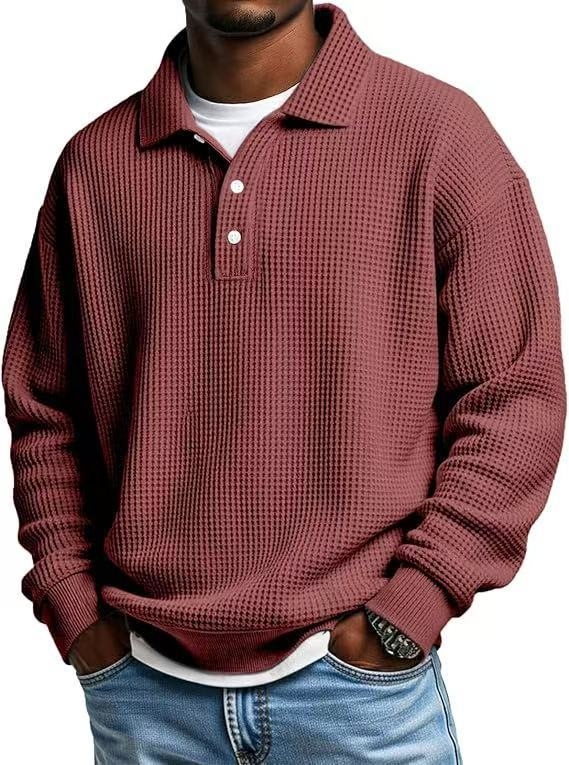 Férfi waffle mintázatú polo, gallér, slim fit, egyszínű, hosszú ujjú, ősz 2025