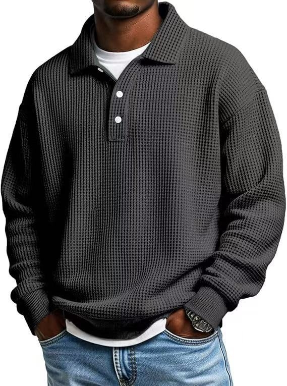 Férfi waffle mintázatú polo, gallér, slim fit, egyszínű, hosszú ujjú, ősz 2025