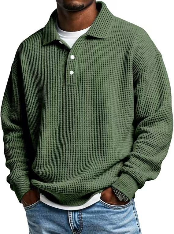 Férfi waffle mintázatú polo, gallér, slim fit, egyszínű, hosszú ujjú, ősz 2025