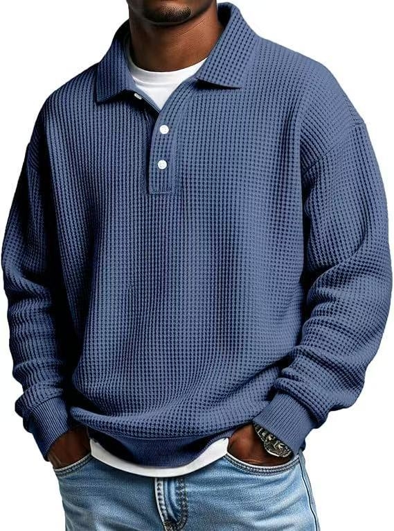 Férfi waffle mintázatú polo, gallér, slim fit, egyszínű, hosszú ujjú, ősz 2025