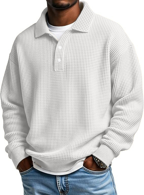Férfi waffle mintázatú polo, gallér, slim fit, egyszínű, hosszú ujjú, ősz 2025