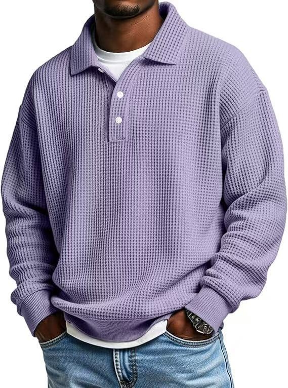 Férfi waffle mintázatú polo, gallér, slim fit, egyszínű, hosszú ujjú, ősz 2025