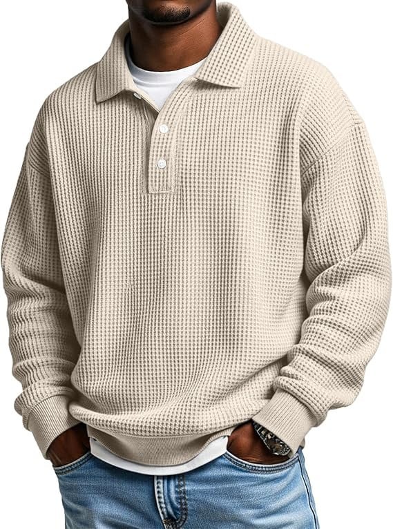 Férfi waffle mintázatú polo, gallér, slim fit, egyszínű, hosszú ujjú, ősz 2025