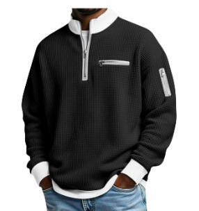 Férfi waffle szövésű polo póló álló gallérral, hosszú ujjú, cipzárral, modern casual stílus, poliészter