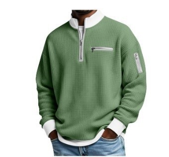 Férfi waffle szövésű polo póló álló gallérral, hosszú ujjú, cipzárral, modern casual stílus, poliészter