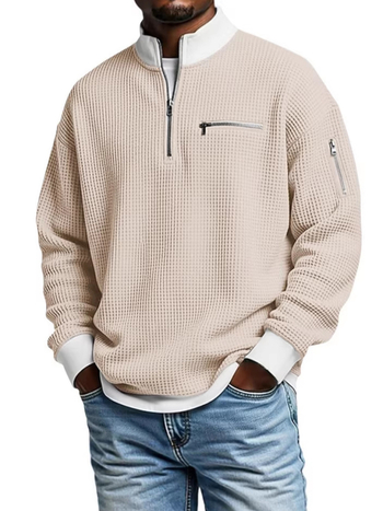 Férfi waffle szövésű polo póló álló gallérral, hosszú ujjú, cipzárral, modern casual stílus, poliészter
