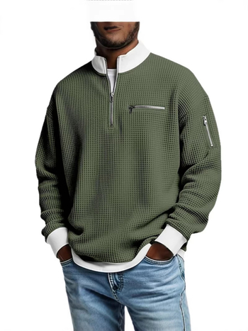 Férfi waffle szövésű polo póló álló gallérral, hosszú ujjú, cipzárral, modern casual stílus, poliészter