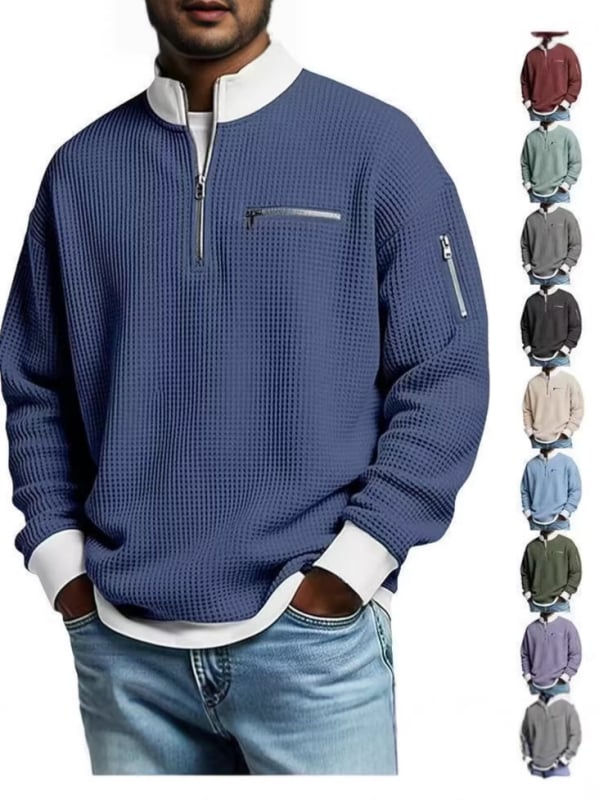 Férfi waffle szövésű polo póló álló gallérral, hosszú ujjú, cipzárral, modern casual stílus, poliészter
