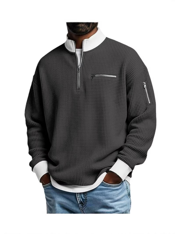 Férfi waffle szövésű polo póló álló gallérral, hosszú ujjú, cipzárral, modern casual stílus, poliészter