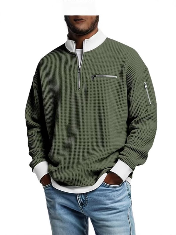 Férfi waffle szövésű polo póló álló gallérral, hosszú ujjú, cipzárral, modern casual stílus, poliészter