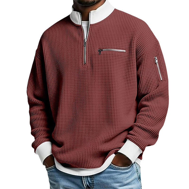 Férfi waffle szövésű polo póló álló gallérral, hosszú ujjú, cipzárral, modern casual stílus, poliészter