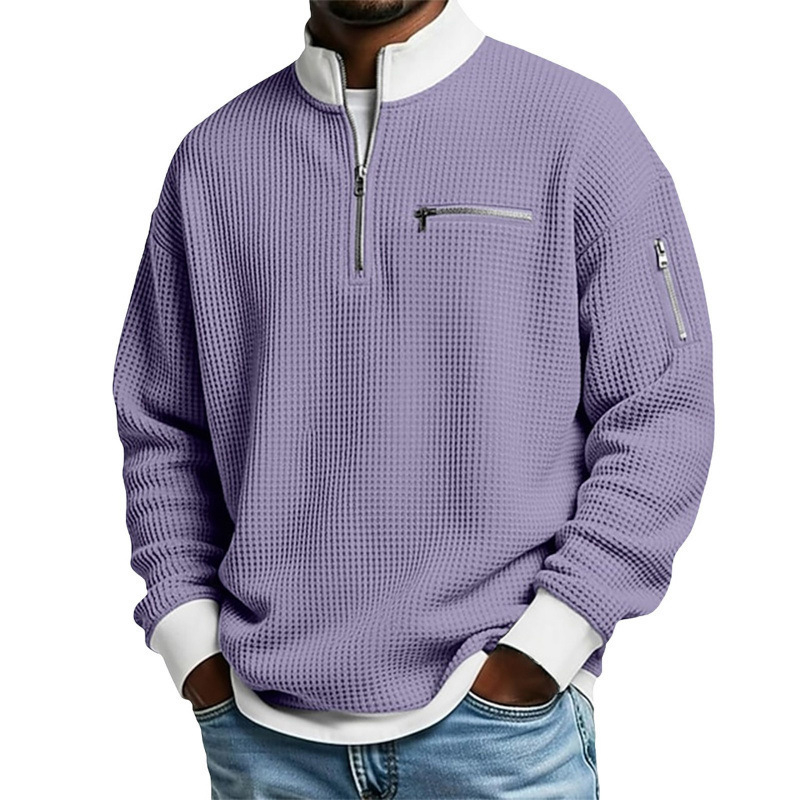 Férfi waffle szövésű polo póló álló gallérral, hosszú ujjú, cipzárral, modern casual stílus, poliészter