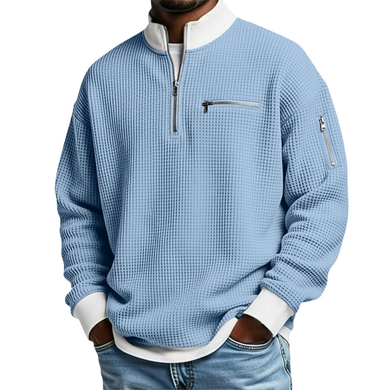 Férfi waffle szövésű polo póló álló gallérral, hosszú ujjú, cipzárral, modern casual stílus, poliészter