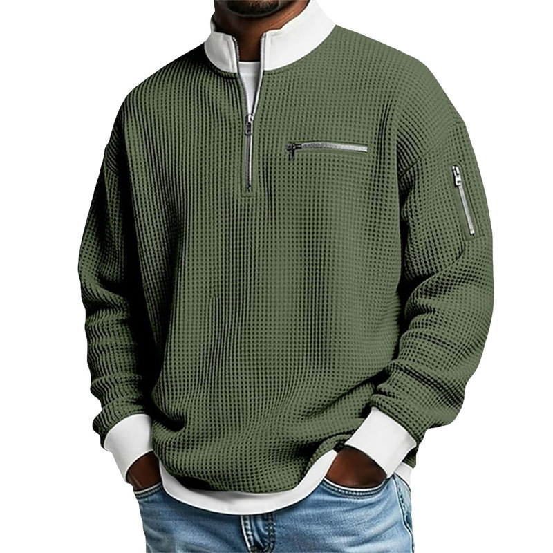Férfi waffle szövésű polo póló álló gallérral, hosszú ujjú, cipzárral, modern casual stílus, poliészter