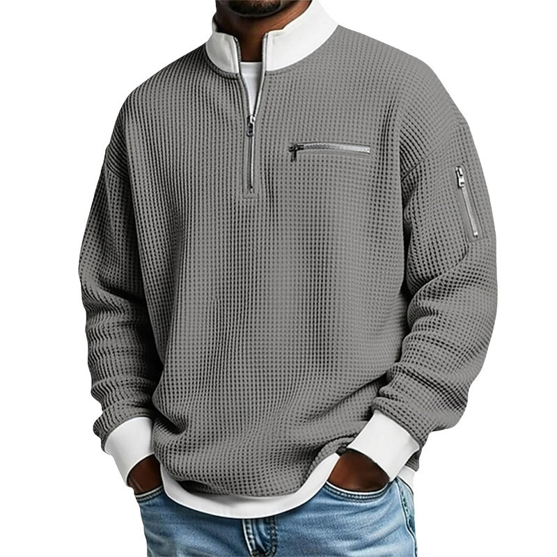 Férfi waffle szövésű polo póló álló gallérral, hosszú ujjú, cipzárral, modern casual stílus, poliészter