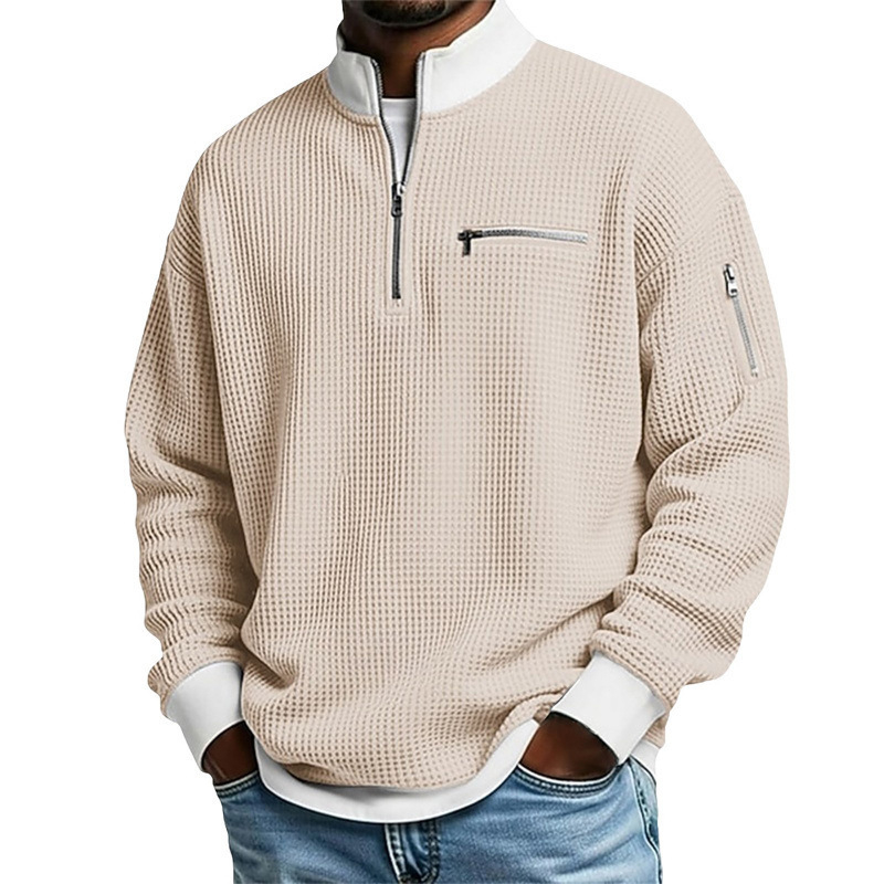 Férfi waffle szövésű polo póló álló gallérral, hosszú ujjú, cipzárral, modern casual stílus, poliészter