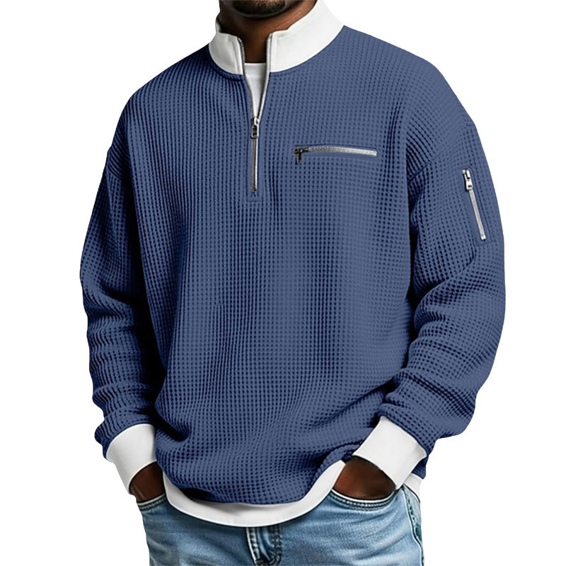 Férfi waffle szövésű polo póló álló gallérral, hosszú ujjú, cipzárral, modern casual stílus, poliészter