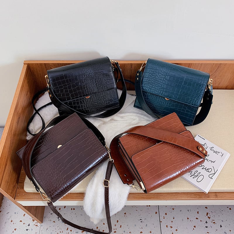 PU torbica za ramena s teksturom krokodila, mala kvadratna, široka naramenica, crossbody