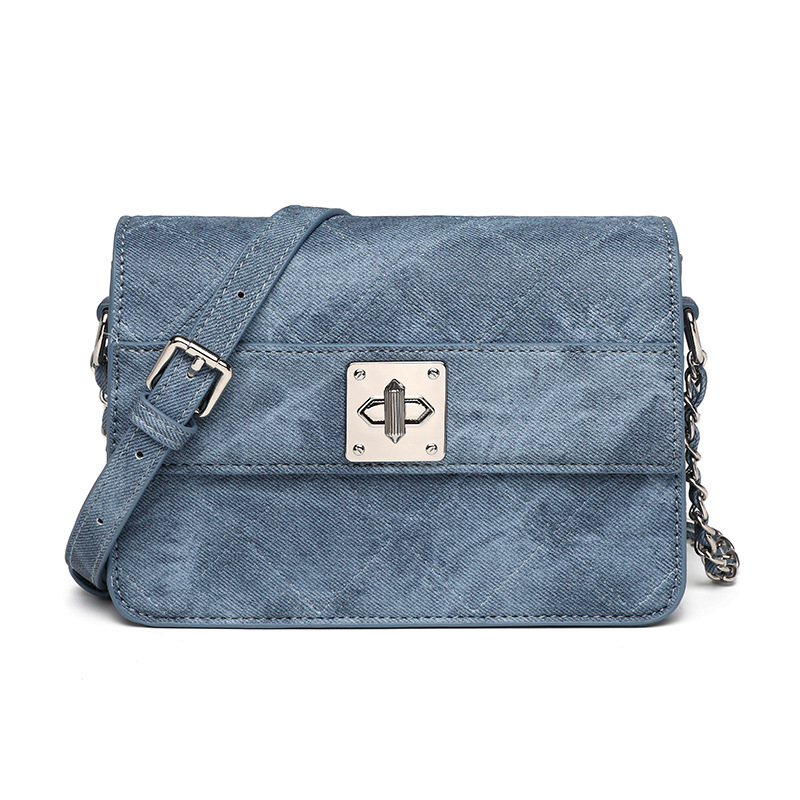 Ženska denim crossbody torba, mala kvadratna, šivani dijamantni uzorak s kaišem od lanca