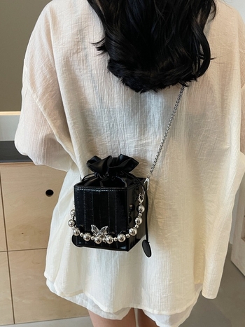 Ženska bucket torba s perlatnom ručkom, crossbody, PU materijal, cilindričnog oblika, ljetna mala torba