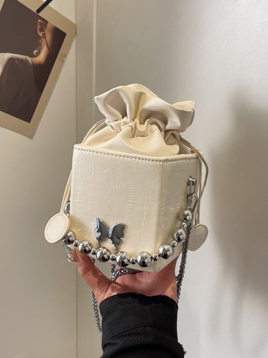 Ženska bucket torba s perlatnom ručkom, crossbody, PU materijal, cilindričnog oblika, ljetna mala torba