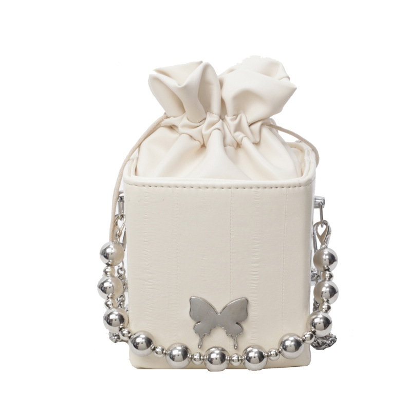 Ženska bucket torba s perlatnom ručkom, crossbody, PU materijal, cilindričnog oblika, ljetna mala torba