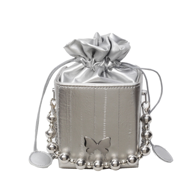 Ženska bucket torba s perlatnom ručkom, crossbody, PU materijal, cilindričnog oblika, ljetna mala torba