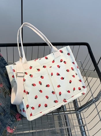 Torbica tote s printom jagode, velika zapremina, tri džepa, tri remena