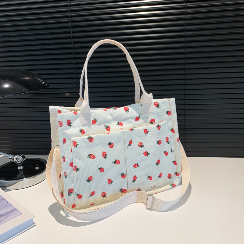 Torbica tote s printom jagode, velika zapremina, tri džepa, tri remena