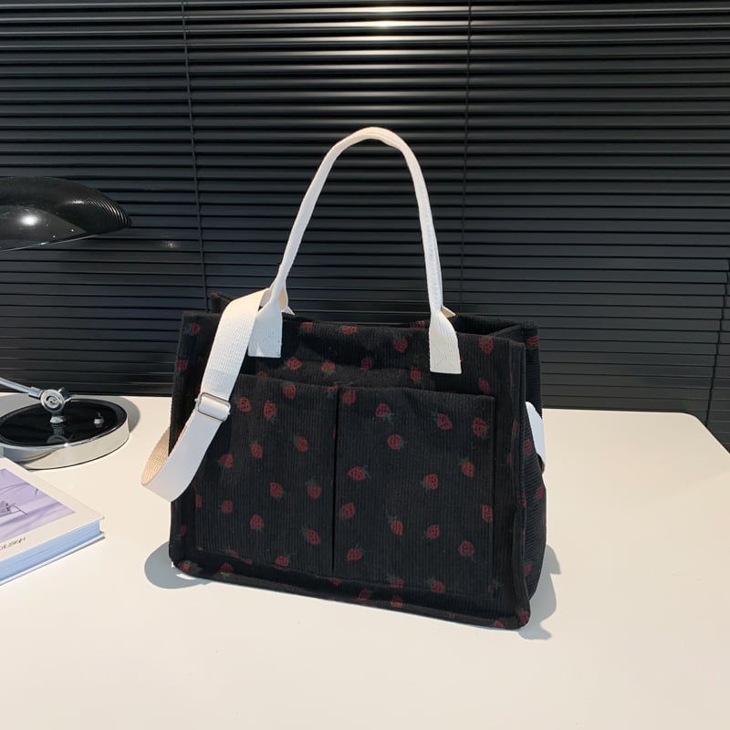 Torbica tote s printom jagode, velika zapremina, tri džepa, tri remena