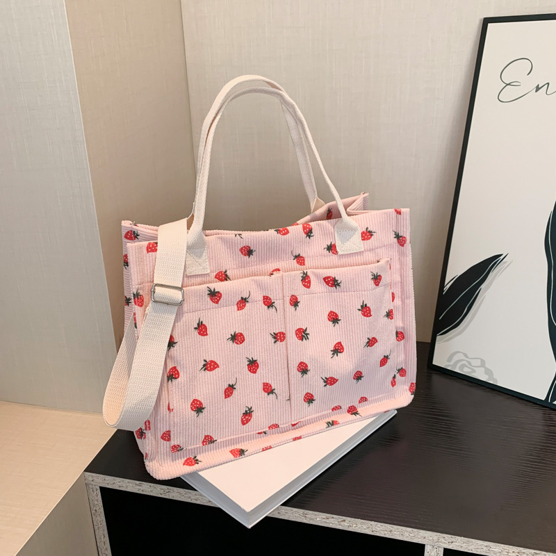 Torbica tote s printom jagode, velika zapremina, tri džepa, tri remena