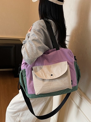 Torba od platna u korejskom stilu s kontrastnim blok dizajnom, 2025 zima, veliki kapacitet, ramena i crossbody.