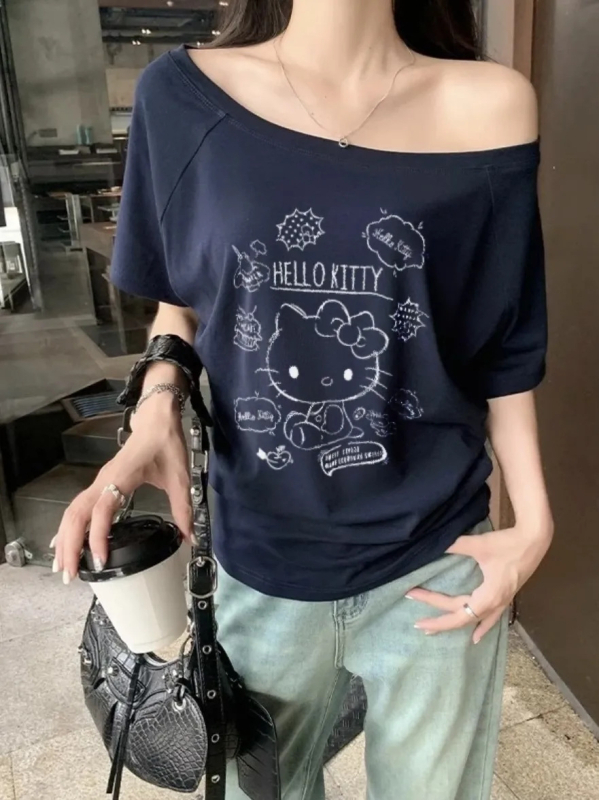 Ženski T-shirt s otisom slova tamno plave boje, asimetrično rame, kratki rukav, labav kroj, ljetni top