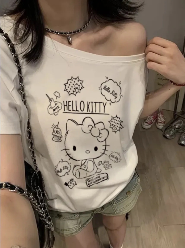 Ženski T-shirt s otisom slova tamno plave boje, asimetrično rame, kratki rukav, labav kroj, ljetni top