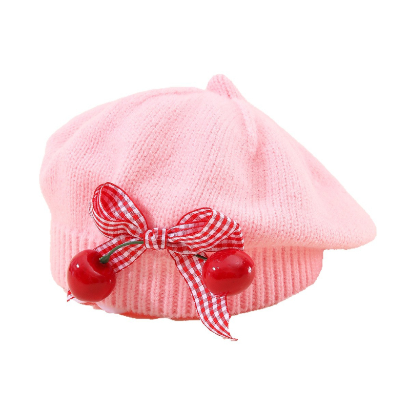 Dječja pletena kapa za jesen-zimu s mašnicom i trešnjinim detaljem, beret stil, jednofarbna