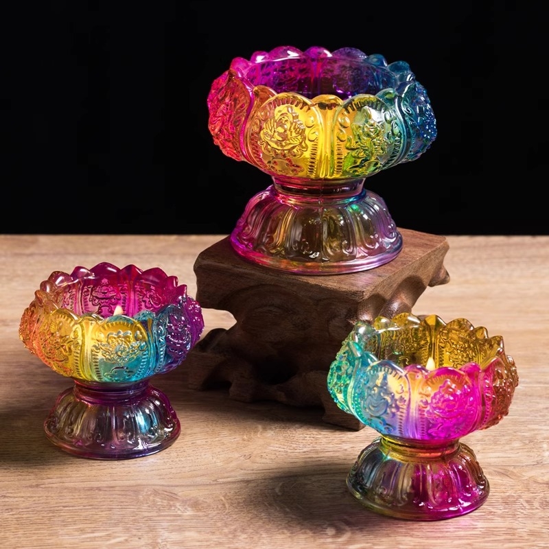 Šareni stakleni nosač maslene lampe u obliku lotosa, s matno-sjajnim završetkom, za kućni budistički oltar, kristalna Buddha lampica