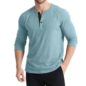 Férfi hosszú ujjú Henley felső, kötött színes blokkokkal, háromgombos, retro stílus
