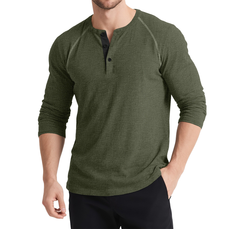 Férfi hosszú ujjú Henley felső, kötött színes blokkokkal, háromgombos, retro stílus