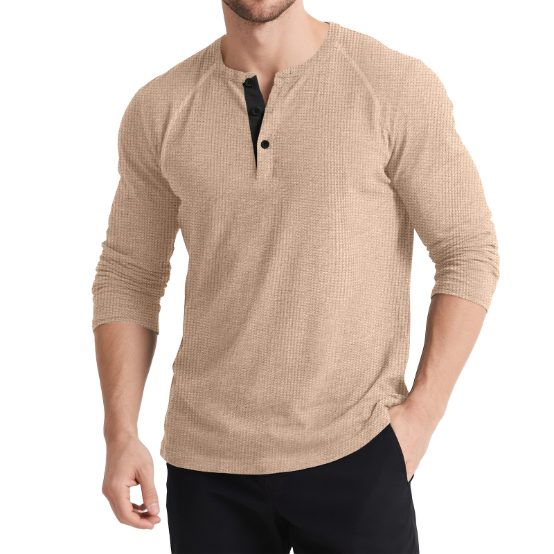 Férfi hosszú ujjú Henley felső, kötött színes blokkokkal, háromgombos, retro stílus