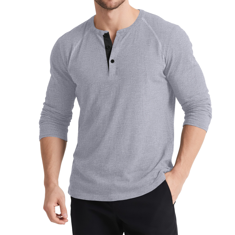 Férfi hosszú ujjú Henley felső, kötött színes blokkokkal, háromgombos, retro stílus