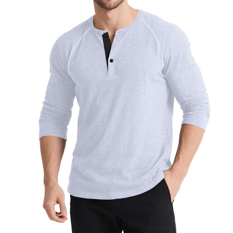 Férfi hosszú ujjú Henley felső, kötött színes blokkokkal, háromgombos, retro stílus
