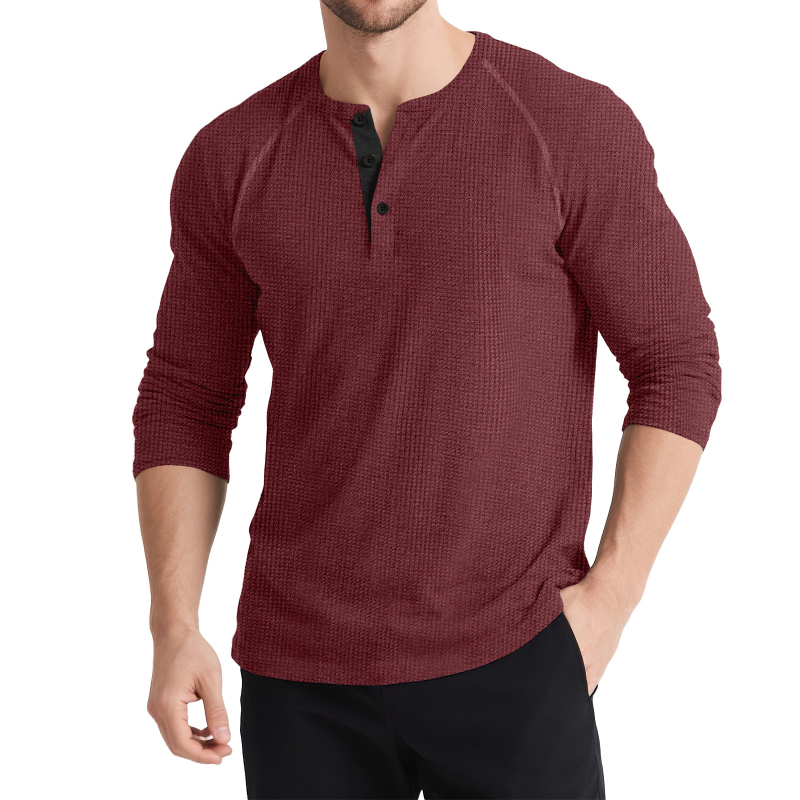 Férfi hosszú ujjú Henley felső, kötött színes blokkokkal, háromgombos, retro stílus