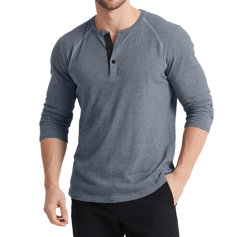 Férfi hosszú ujjú Henley felső, kötött színes blokkokkal, háromgombos, retro stílus