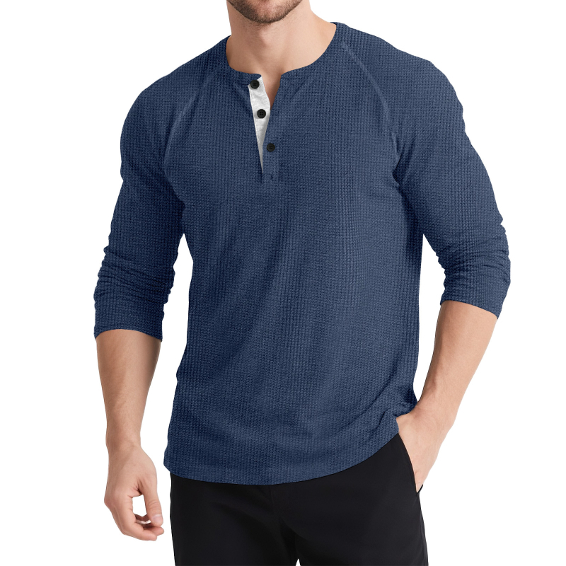 Férfi hosszú ujjú Henley felső, kötött színes blokkokkal, háromgombos, retro stílus