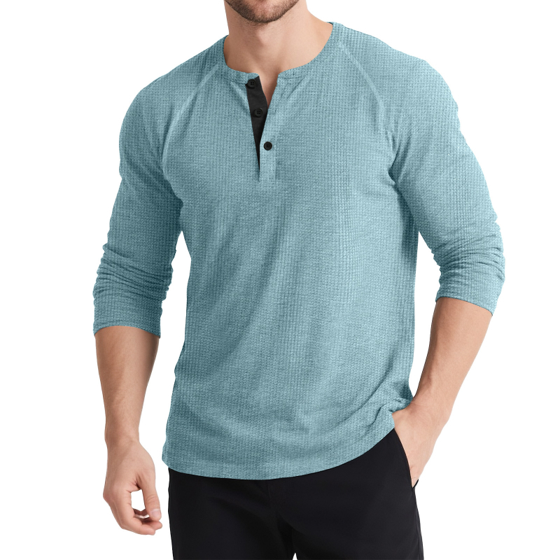 Férfi hosszú ujjú Henley felső, kötött színes blokkokkal, háromgombos, retro stílus