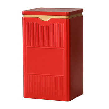 Prilagodljiva metalna kutija za čaj, četverokutnog oblika s reljefnim dizajnom, zatvoren poklopac, kapacitet 125 ml, boja crveno-bež-plava, otisnut logotip