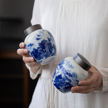 Jingdezhen plavo-bijeli keramički spremnik za čaj s dvostrukim poklopcem – Antička scena Qingming Riverside, zatvoreni spremnik za čaj