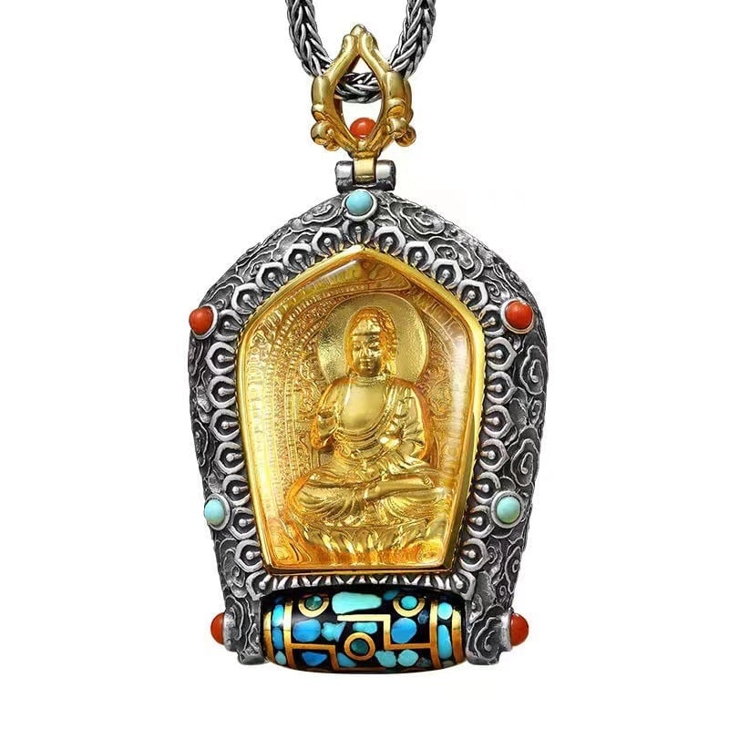 Dzi privjesak s Avalokiteshvara s tisucu ruku i Žutim bogom bogatstva, tibetanski thangka lančić