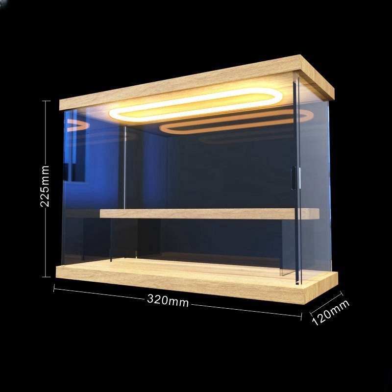 Prozirna akrilna vitrina za blind box figurice Bubble Mart – prikaz u stubama uz LED osvjetljenje i zaštitu od prašine